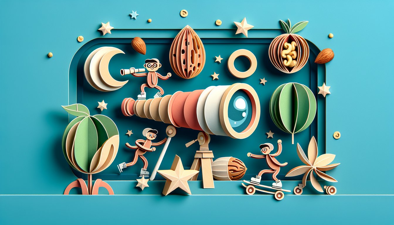 Paper art illustration showing friendly nut characters with playful props on teal background for nut personality quiz