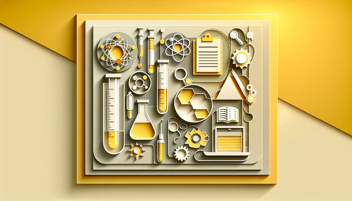Paper art illustration showing cut paper icons of scientific method steps and quiz invitation on golden yellow background