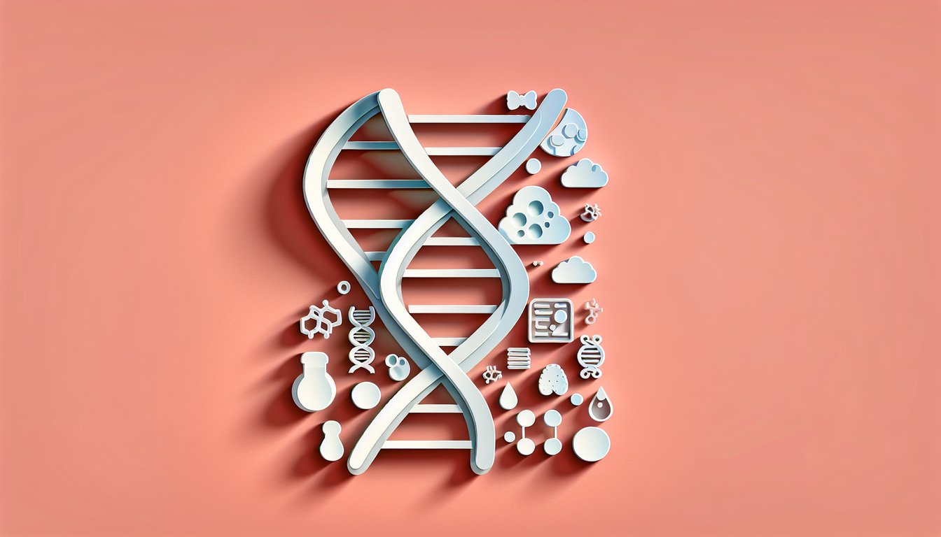 Paper art illustration for Dirty Genes Quiz on a coral background, promoting genetic wellness knowledge.