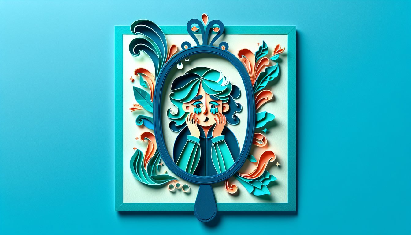 Paper art illustration for a narcissism quiz on a teal background.