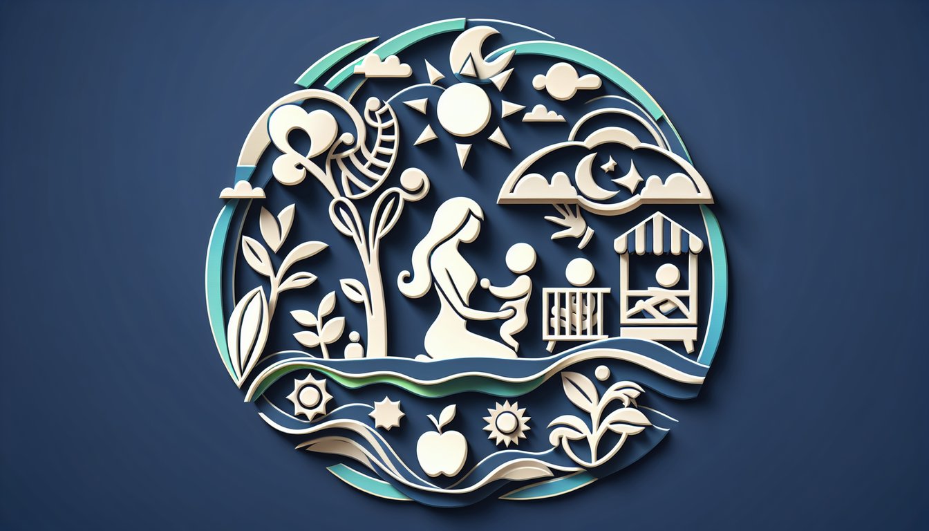 Paper art illustration of parent and child figures books hearts parenting quiz symbols on dark blue background