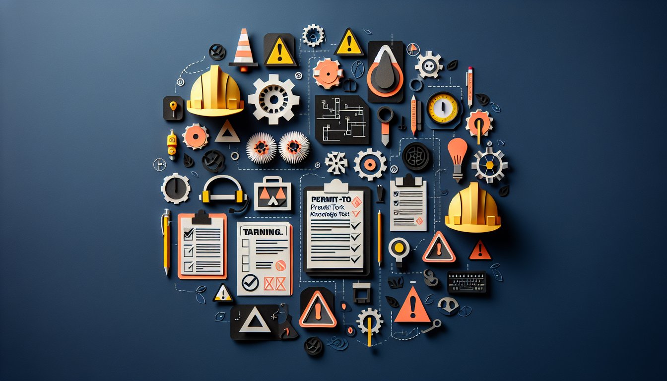 Brightly colored paper art illustrating a quiz on Permit-to-Work Knowledge Test