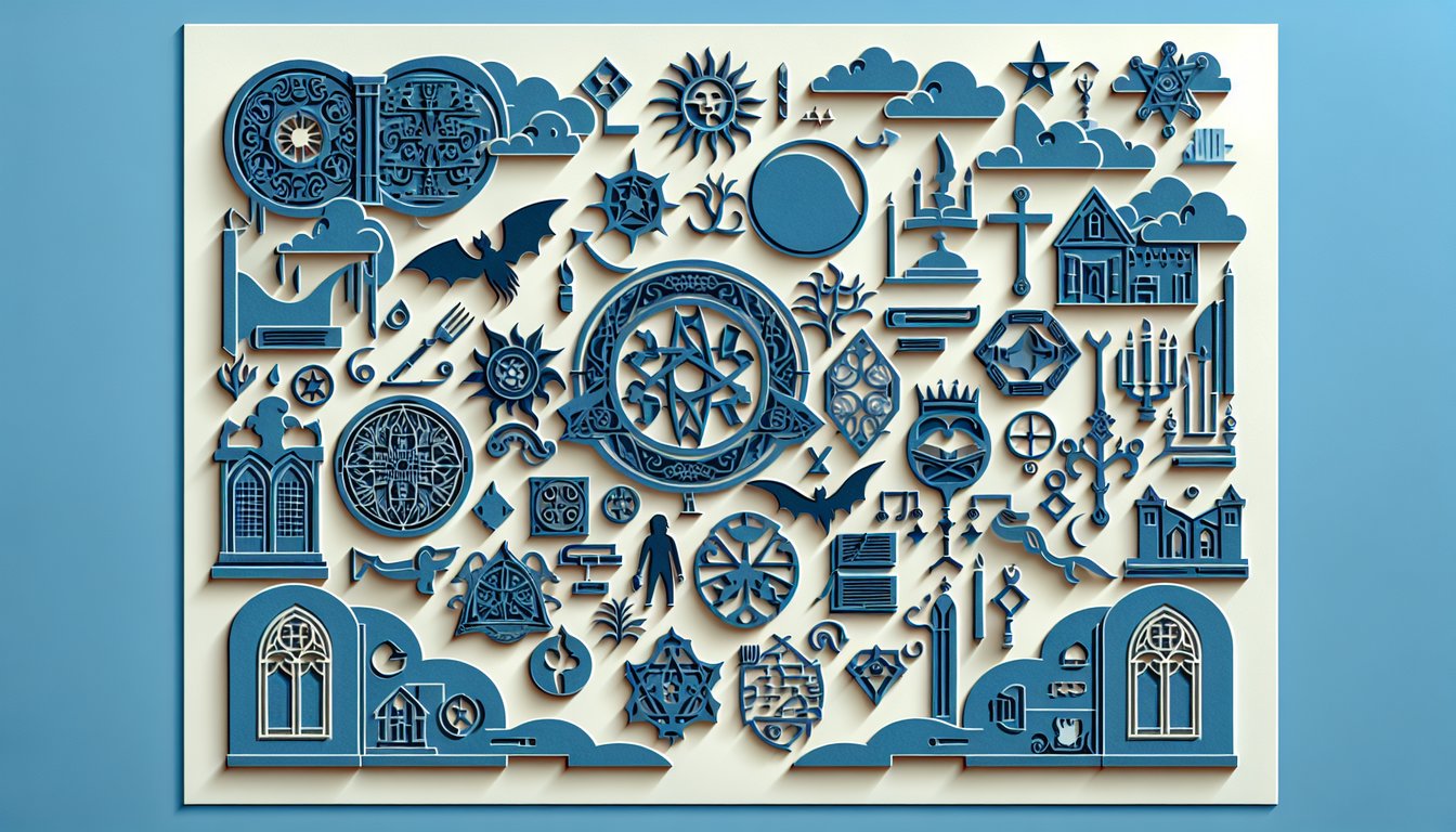 Layered paper art depicting vampire clan emblems hovering on sky blue background for dark age personality quiz