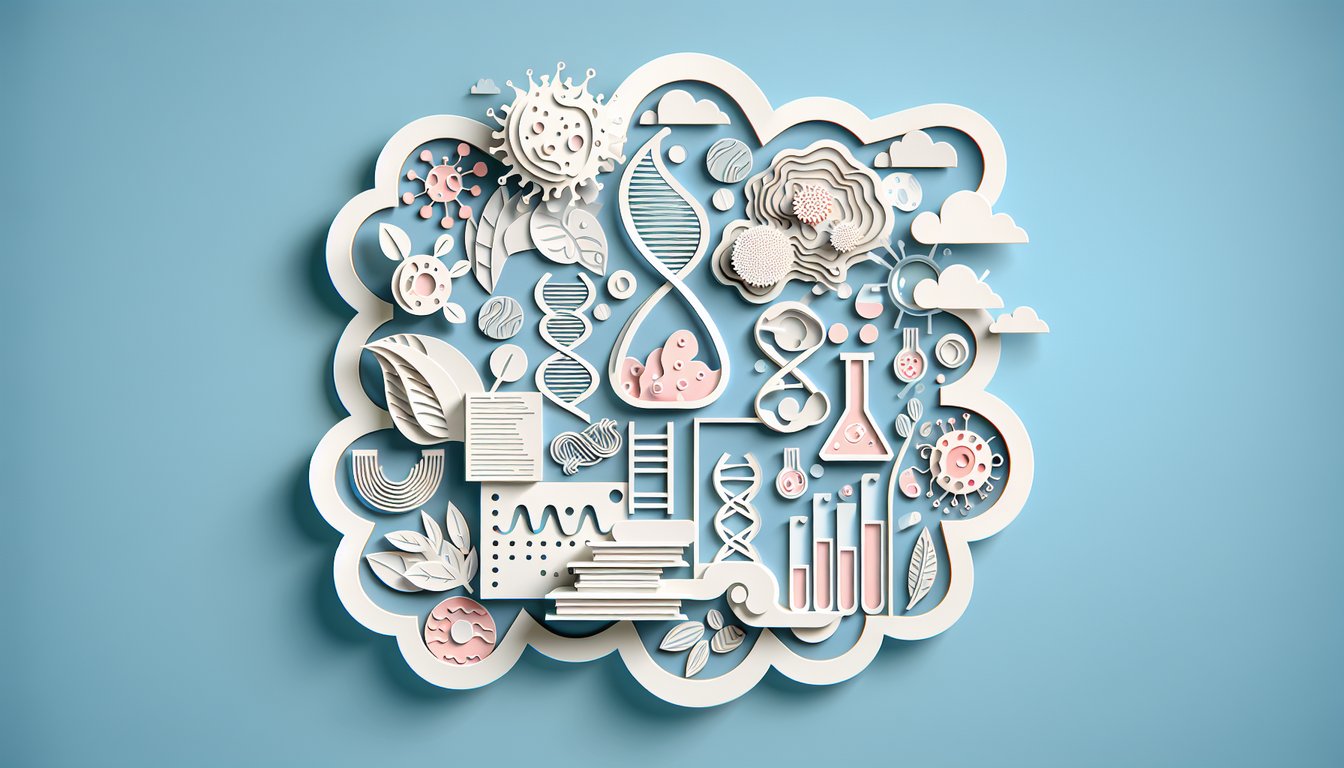 Paper art style biology collage with dna helix microscope leaf cell test tube notebook and pencil on sky blue background
