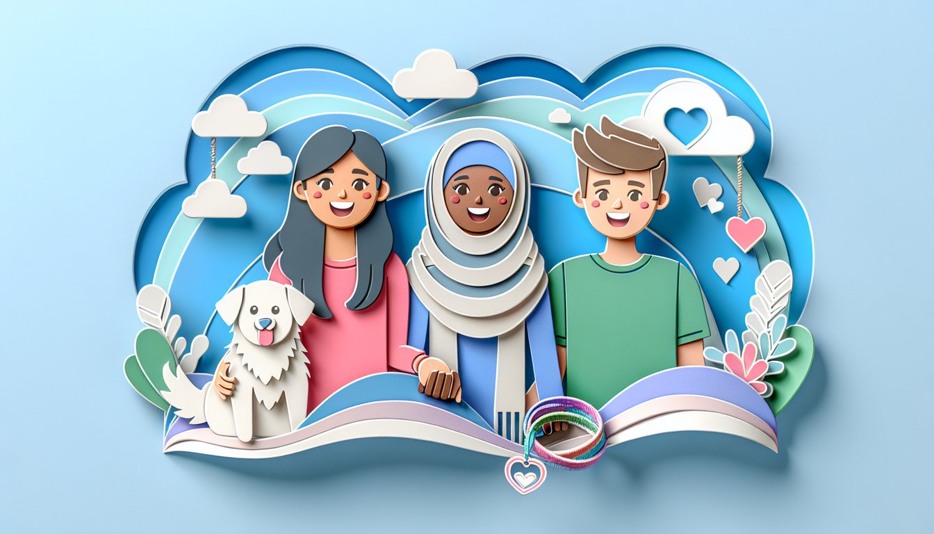Paper art illustration of two friends with hearts and ribbons on sky blue background promoting best friend nicknames quiz