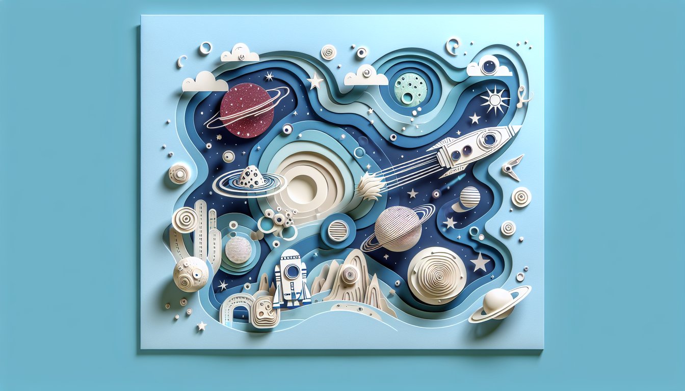 Paper art style space scene with planets stars and spaceship on sky blue background for Star Wars cosmic identity quiz