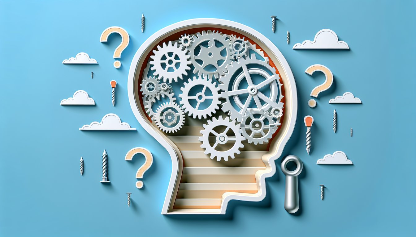 Paper art brain question marks, light bulb shapes floating on sky blue background for trivia challenge