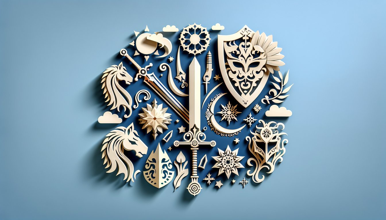 Paper art illustration on sky blue background featuring stylized Middle Earth icons for a Lord of the Rings personality quiz