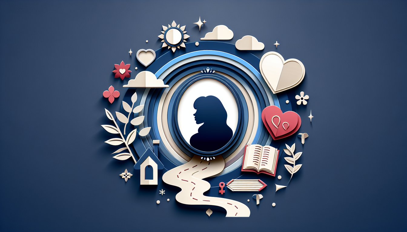 Paper art style quiz illustration showing a pensive woman amid broken hearts and question marks on dark blue background