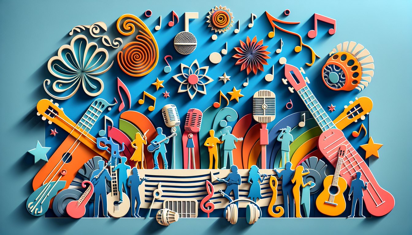 Paper cutout style illustration of Bollywood singers against a sky blue background for a quiz on famous singing voices