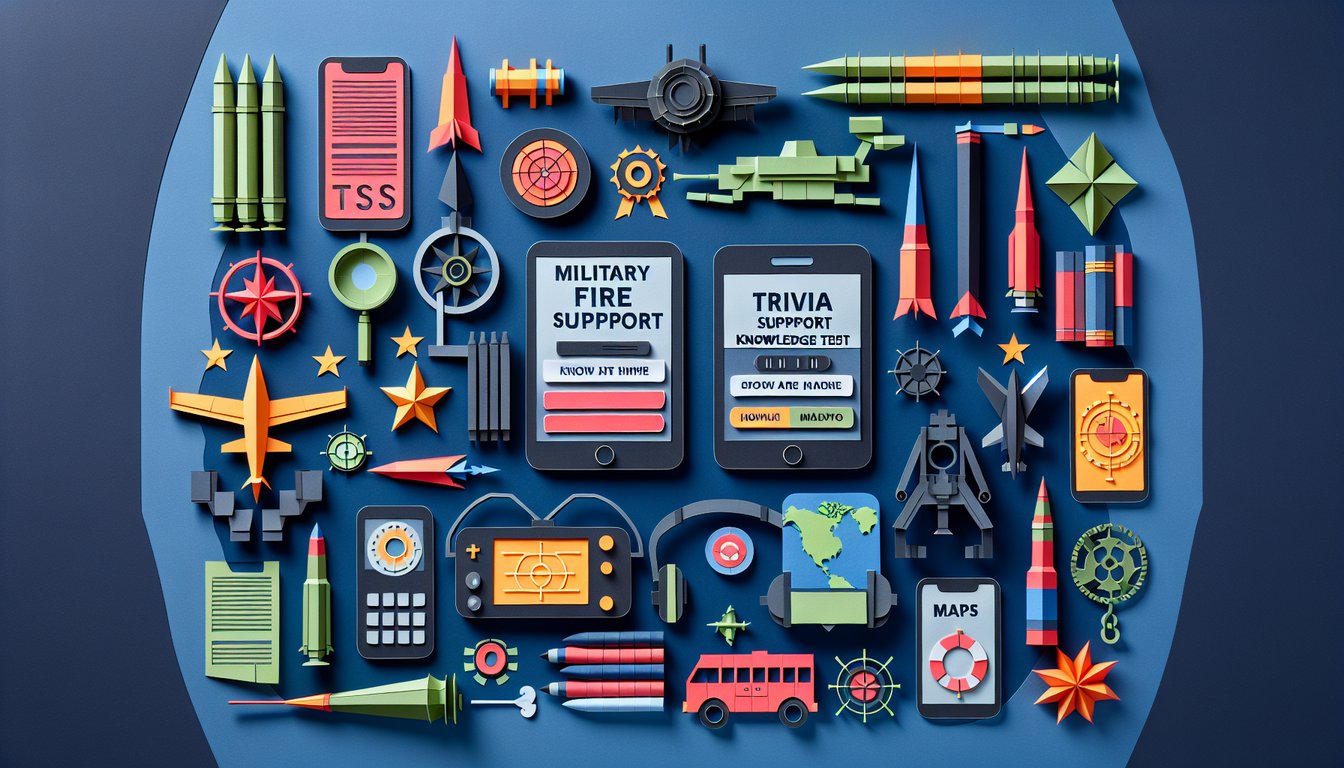 Colorful paper art featuring military fire support symbols for a knowledge test quiz