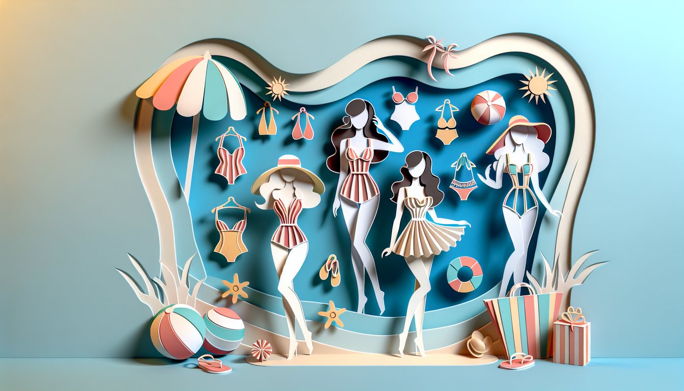 Paper art illustration of two sisters in swimsuits on sky blue background for Brooklyn Bailey swimsuit style quiz
