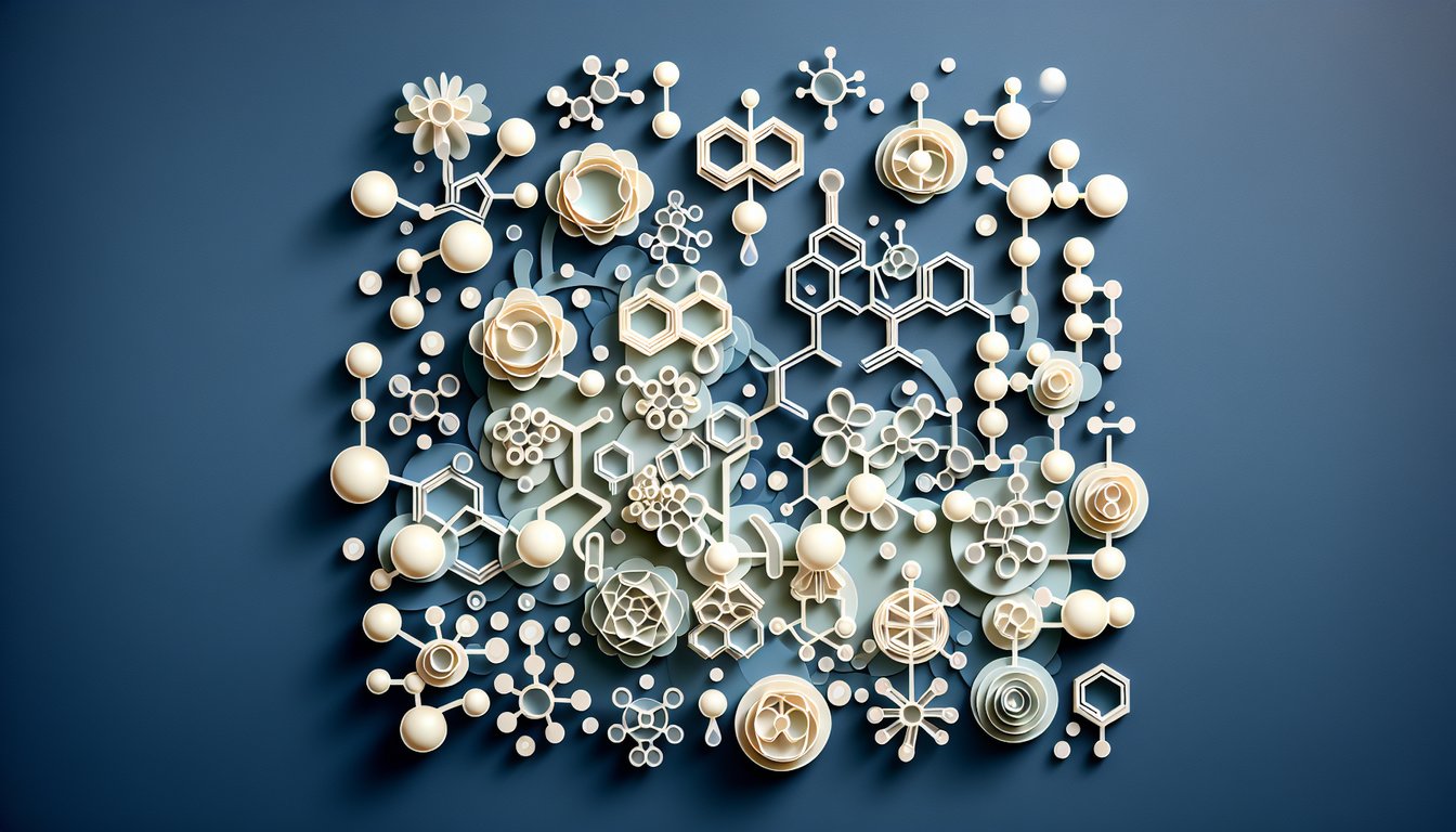 Paper art illustration of organic molecule shapes for quiz prompt on dark blue background