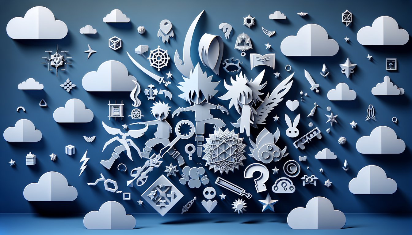 Paper art illustration showing layered silhouettes of Devilman Crybaby characters, trivia quiz text on dark blue background