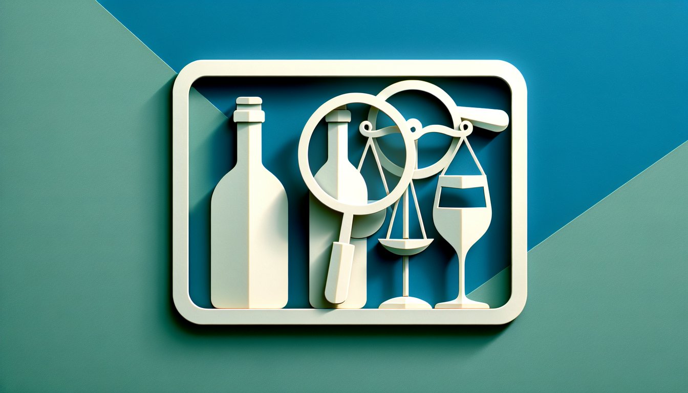 Paper art illustration of glasses and bottles with question marks on teal background for free Do I Drink Too Much quiz.