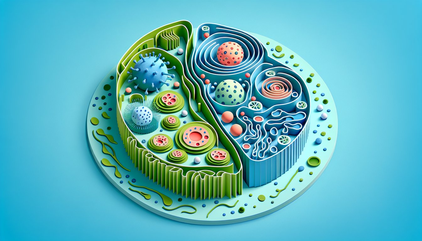 Paper art illustration for plant and animal cell quiz on sky blue background