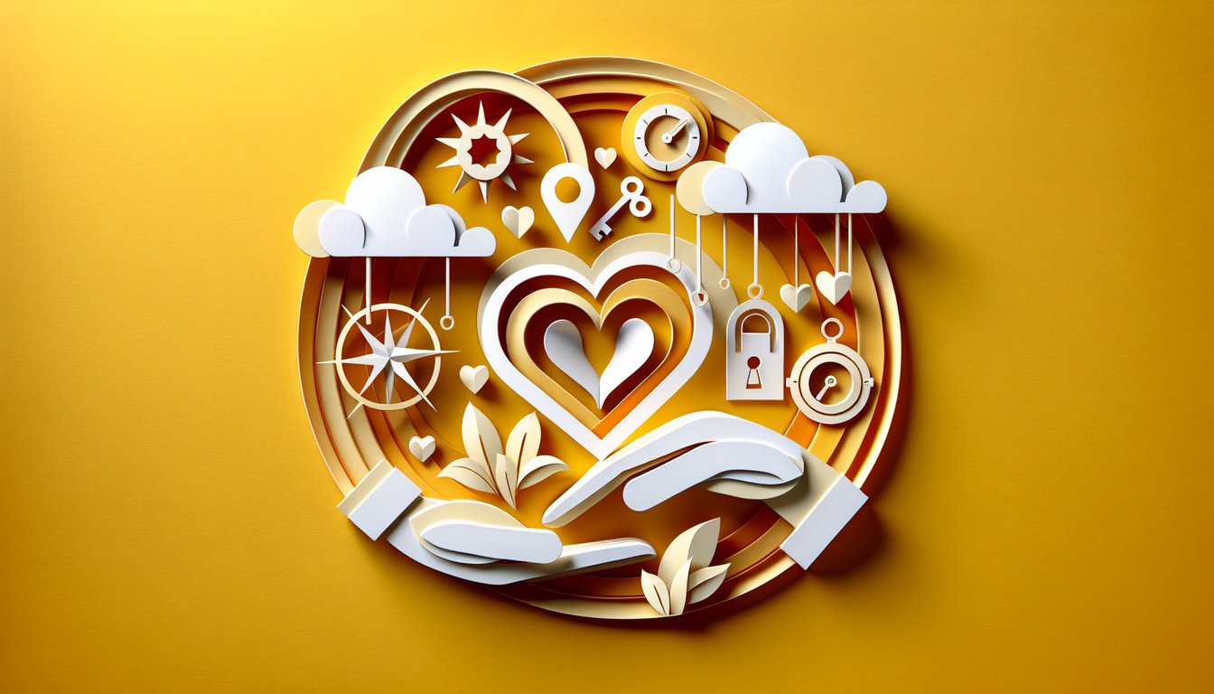 Paper art heart puzzle pieces forming couple silhouette on golden yellow background signifies relationship trust quiz