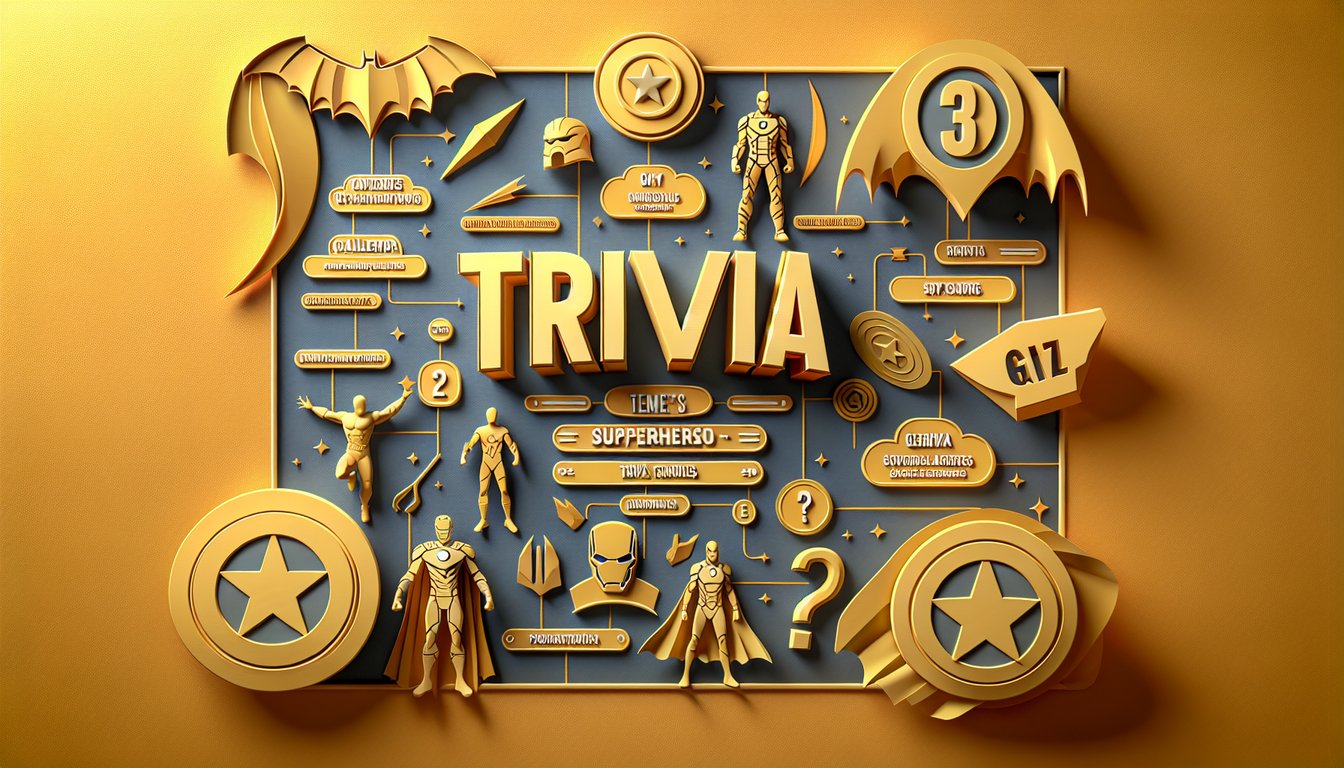 Paper art illustration featuring Iron Man helmet and Marvel icons on golden yellow background for trivia quiz challenge