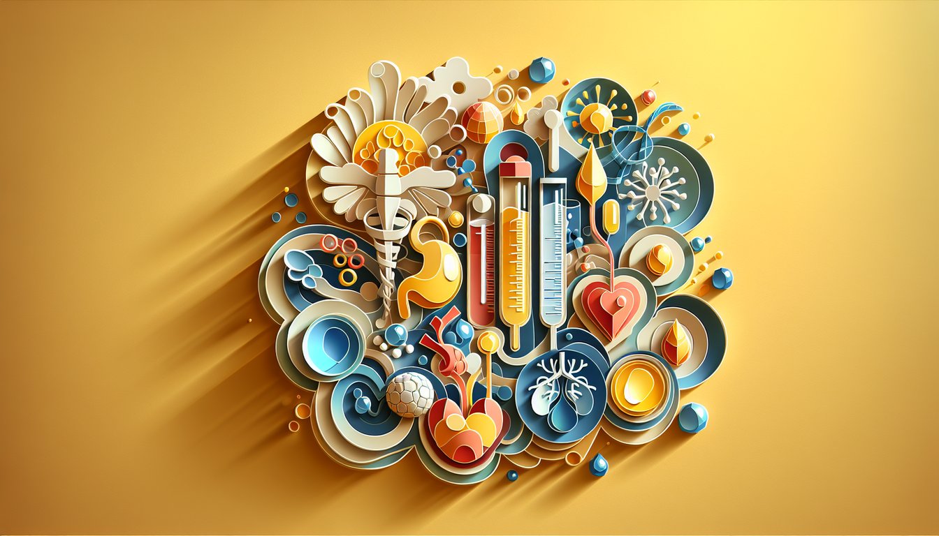 Paper art illustration for Anatomy and Physiology 2 final exam quiz on golden yellow background