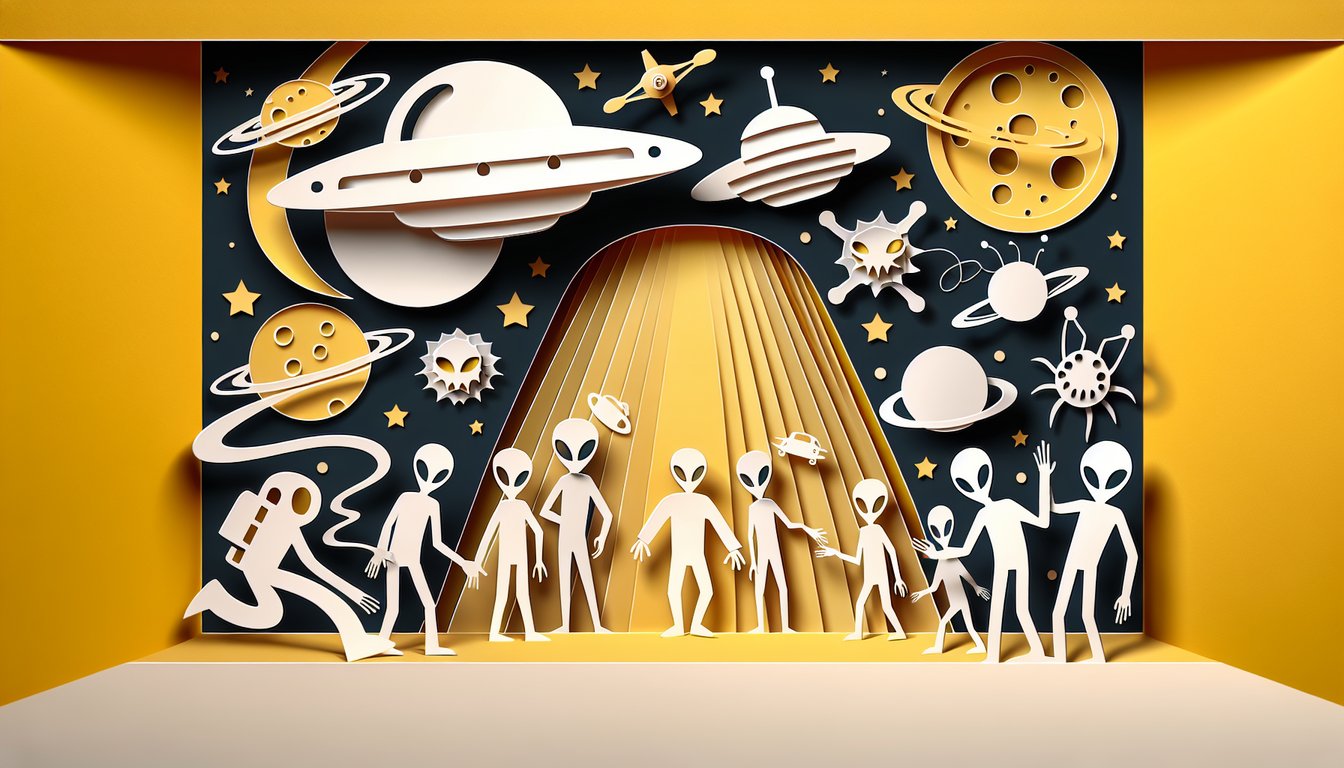 Paper art illustration depicting alien faces and planets on golden yellow background for an alien name generator quiz