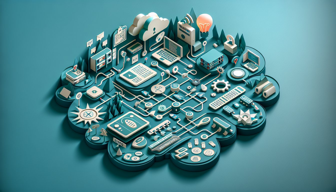 Paper cut illustration showing routers switches network cables on teal background inviting CCNA routing and switching quiz