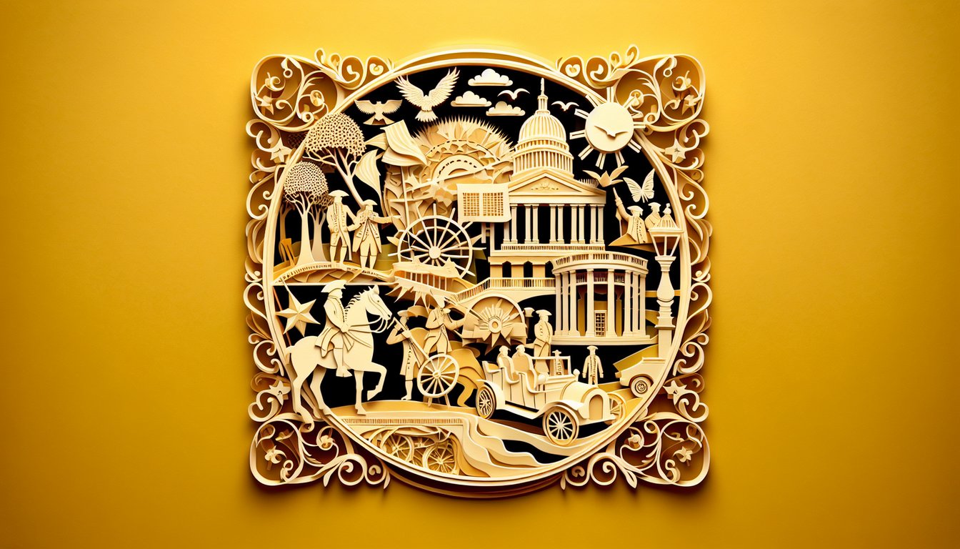 Paper art collage of colonial quill ink map coins on golden yellow background for APUSH Period 2 practice quiz