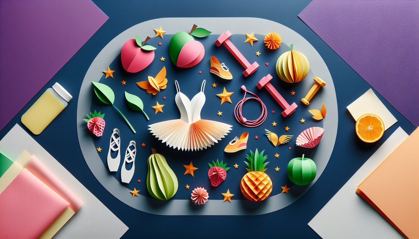 Colorful paper art displaying ballet shoes, a dancer, and wellness symbols for a ballet quiz