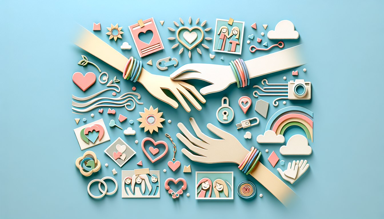 Paper art Bestie Quiz scene, two friends holding quiz cards hearts icons on sky blue background
