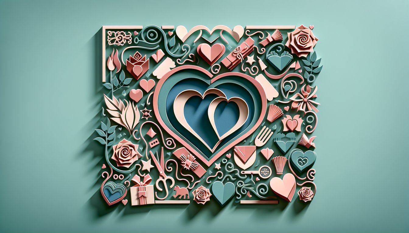 Paper art hearts and sparks frame quiz title Are We in Love on teal backdrop playful compatibility test