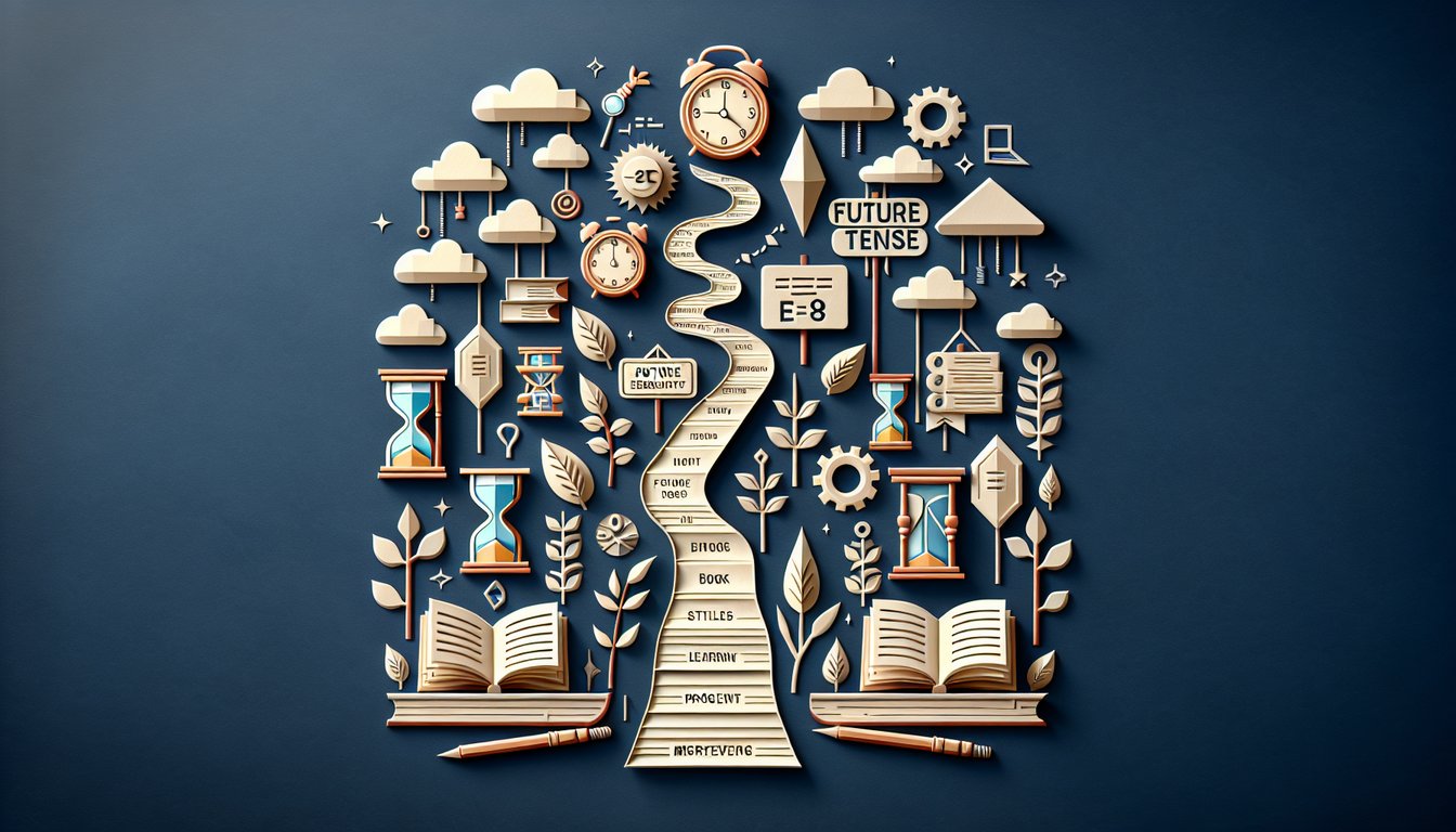 Paper art representing a trivia quiz on future tense mastery for high school English students.