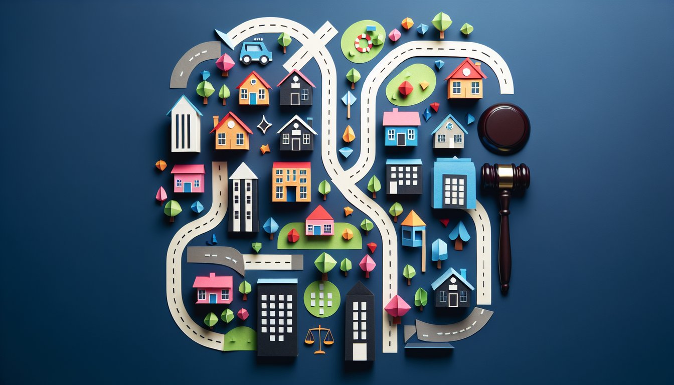 3D voxel art illustrating concepts from Local Planning, Government and Law course