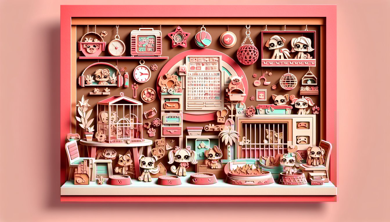Paper art illustration of Littlest Pet Shop trivia quiz prompt on coral background featuring playful paper cutout pets