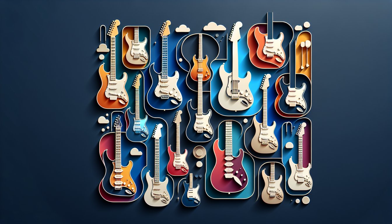 Paper art illustration for electric guitar quiz on a dark blue background