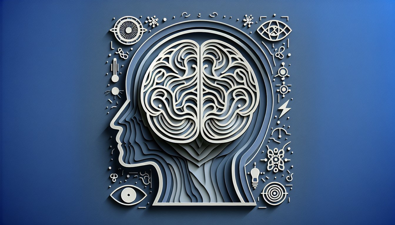 Paper art style brain with floating question marks and hands over dark blue background for mind reading quiz.