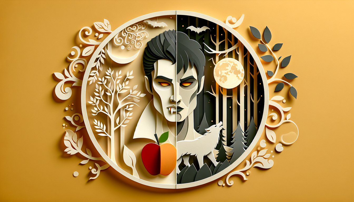 Paper art illustration for Team Edward or Team Jacob quiz on a golden yellow background