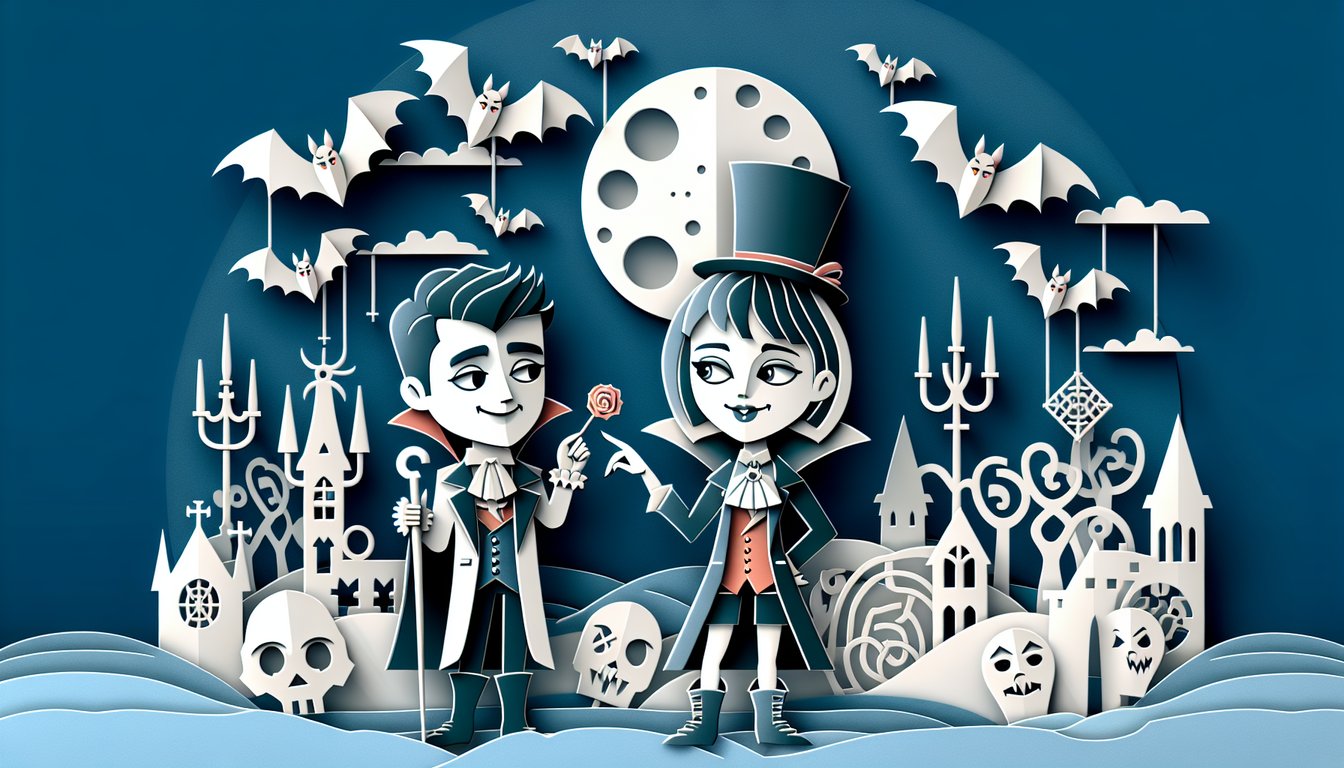 Paper cut art vampire academy quiz cover with stylized fangs book castle and quill on sky blue background