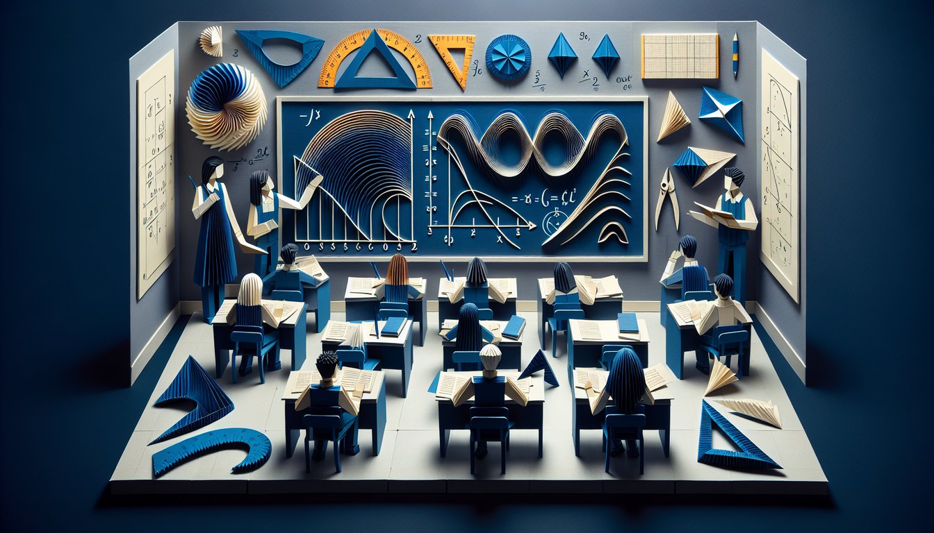 Paper art promoting Sinusoid Shift Mastery trivia for high school trigonometry students.