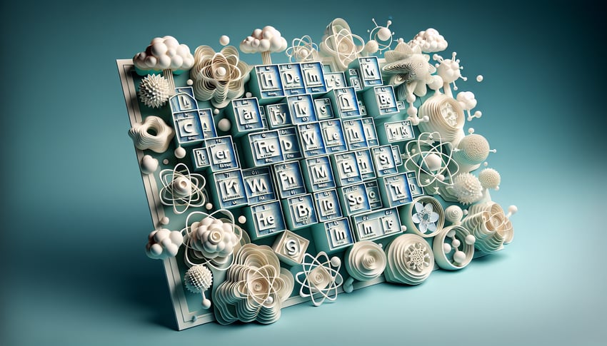 Paper art illustration for a periodic elements quiz on a teal background