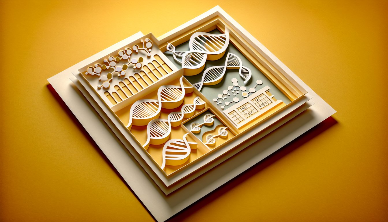 Paper art illustration for a genetics quiz featuring punnett squares on a golden yellow background.