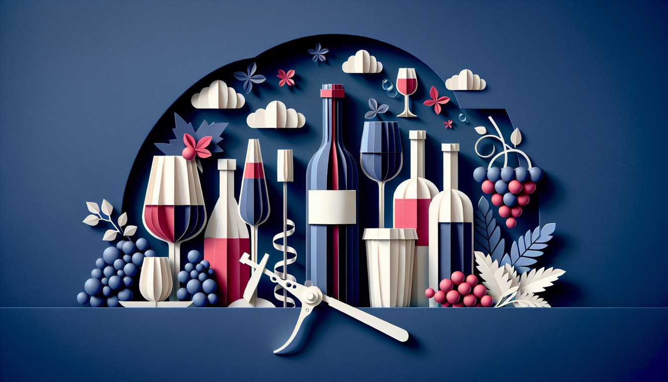Colorful paper art depicting wine glasses, grapes, and a quiz sheet for a wine tasting trivia quiz.