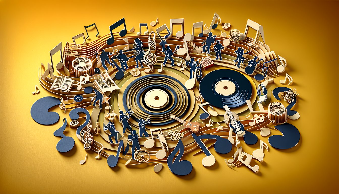 Paper art illustration for a favorite song quiz on a golden yellow background