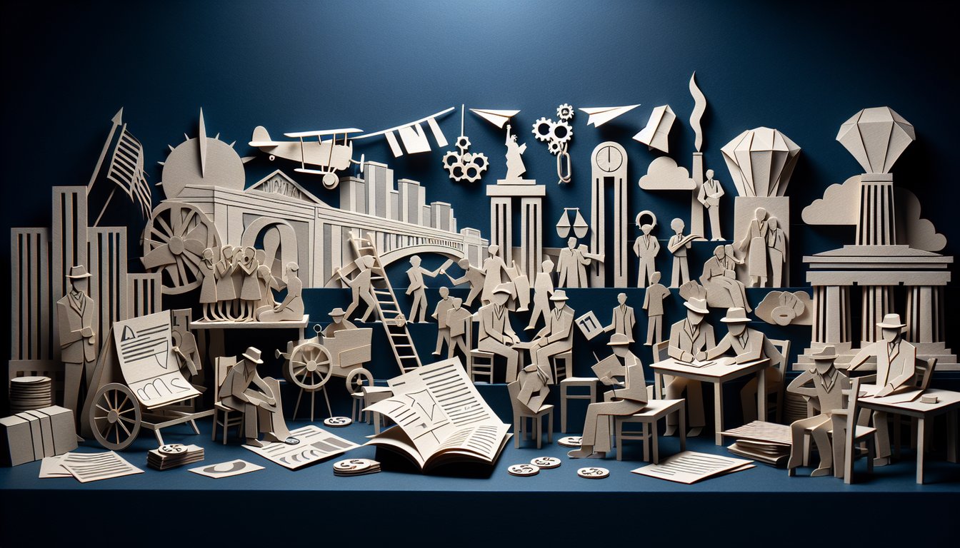 Paper art representing a trivia quiz on The Great Depression for high school students.