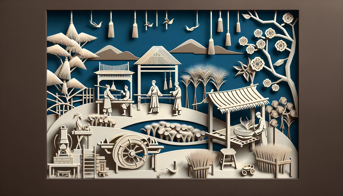 Paper art illustration of Ancient China occupations featuring farmer potter scholar and warrior on dark blue background