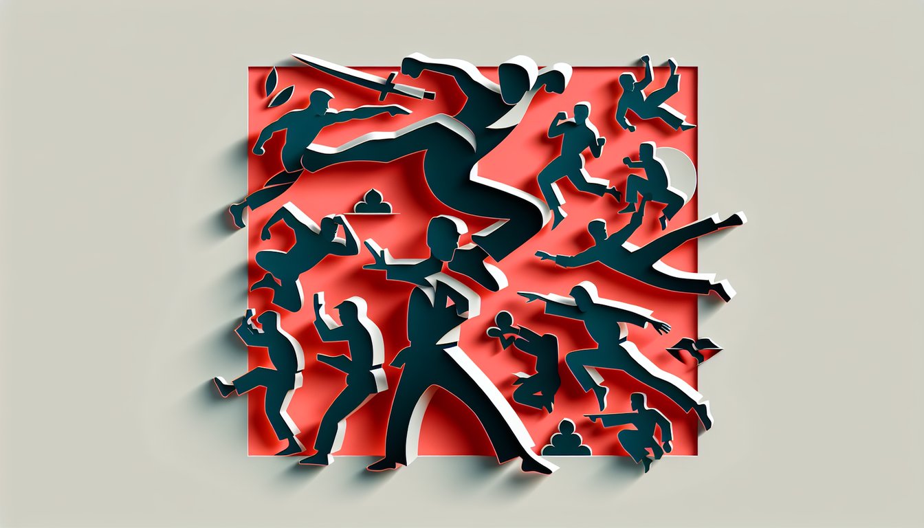 paper art style street fight scene with martial arts fighters and quiz icons on coral background