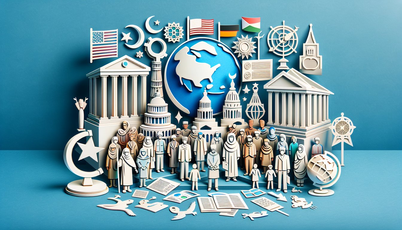 paper art globe map compass book for 6th grade social studies quiz on cultures geography government on sky blue background