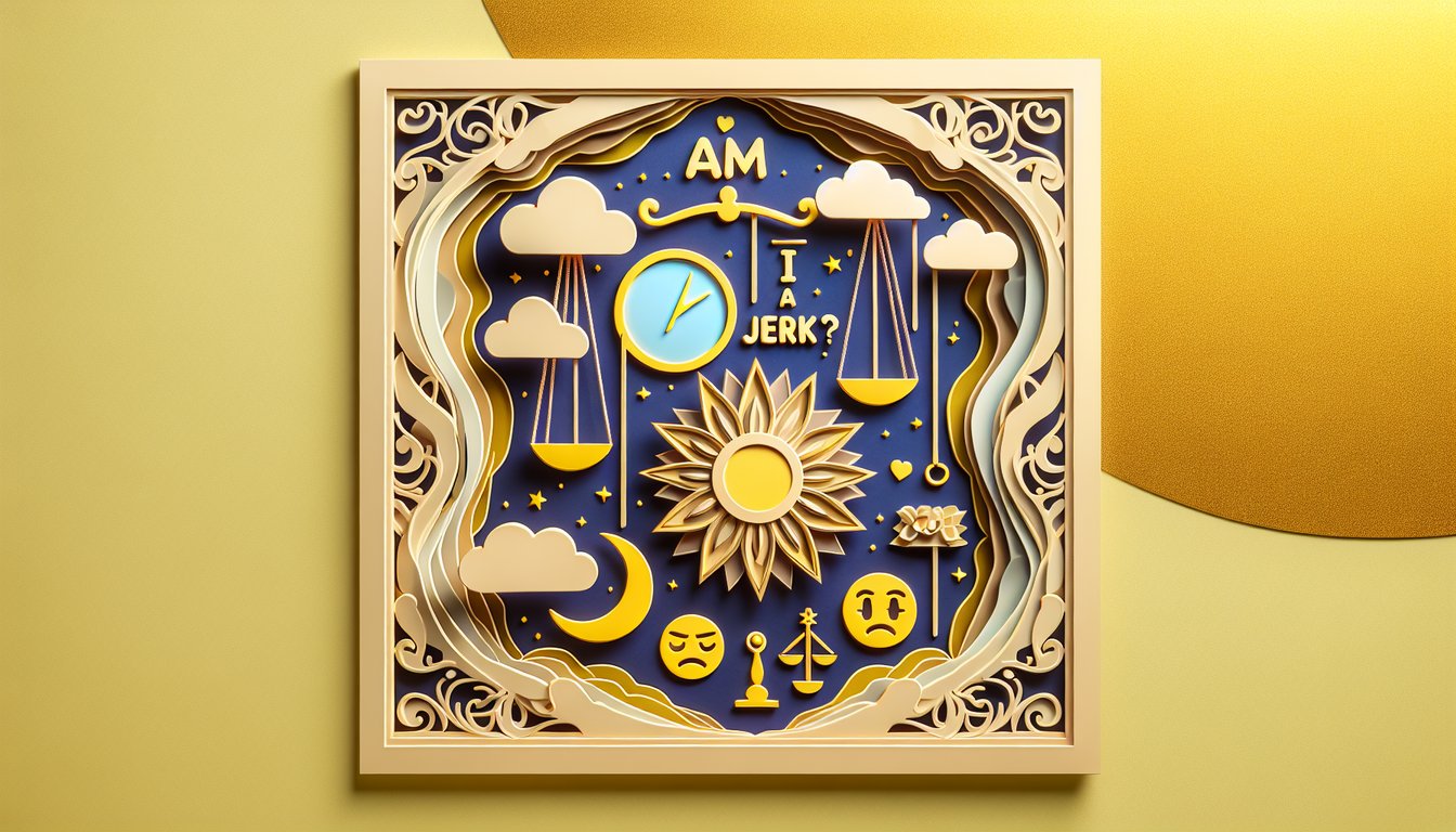 Paper art illustration with paper text am i a jerk quiz on golden yellow background with paper shapes question marks
