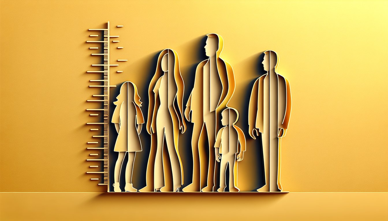 Paper art scene with Osmond family silhouettes height ruler and quiz motifs on golden yellow background.