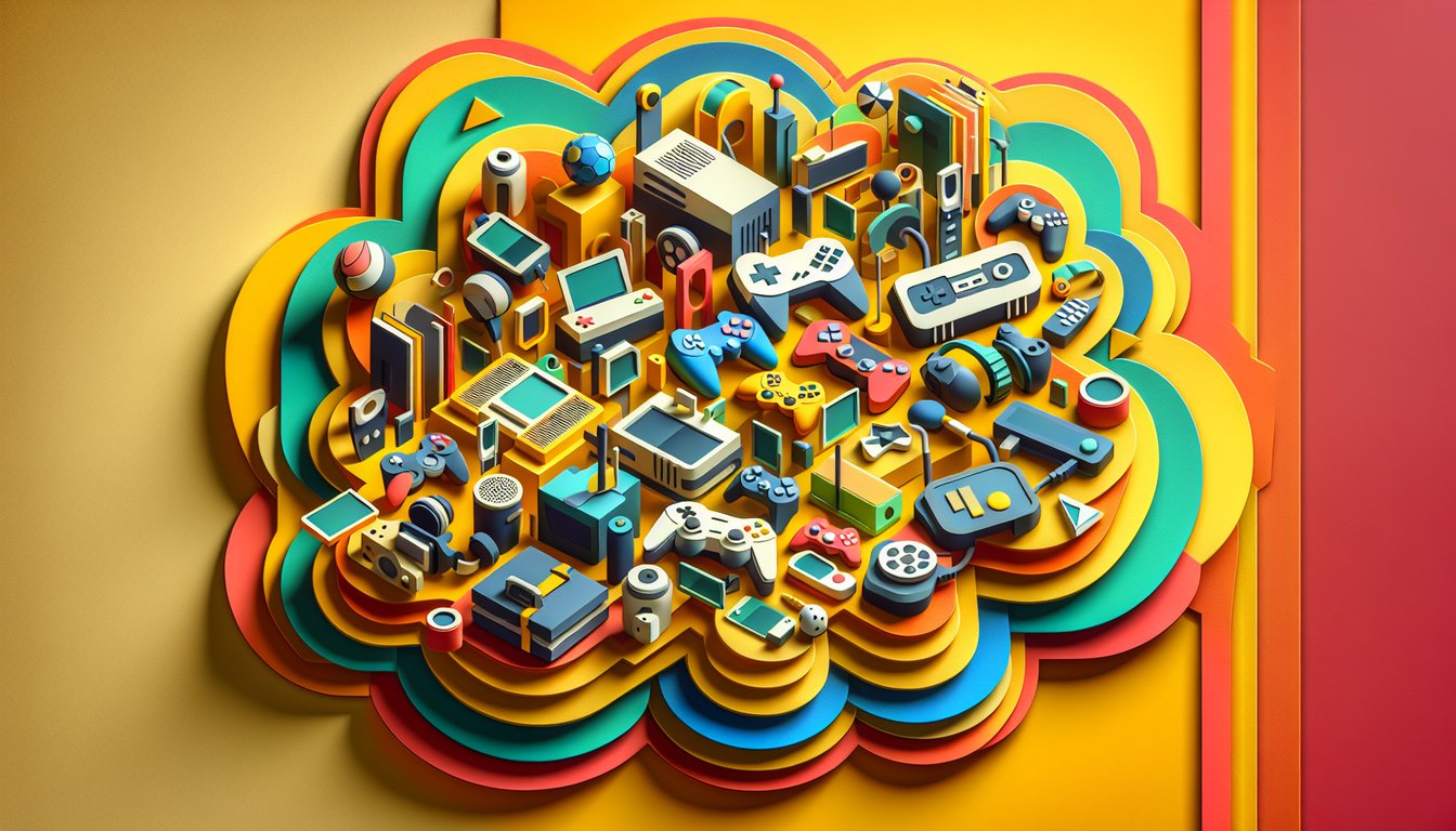 Paper art collage of game controllers joysticks arcade icons and console symbols on a golden yellow background