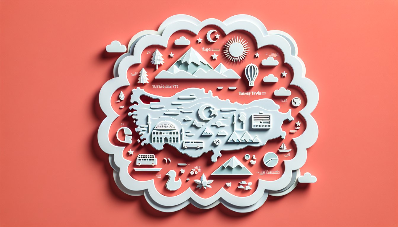 Paper cut art turkey map icons quiz questions fun facts culture landmarks on coral background
