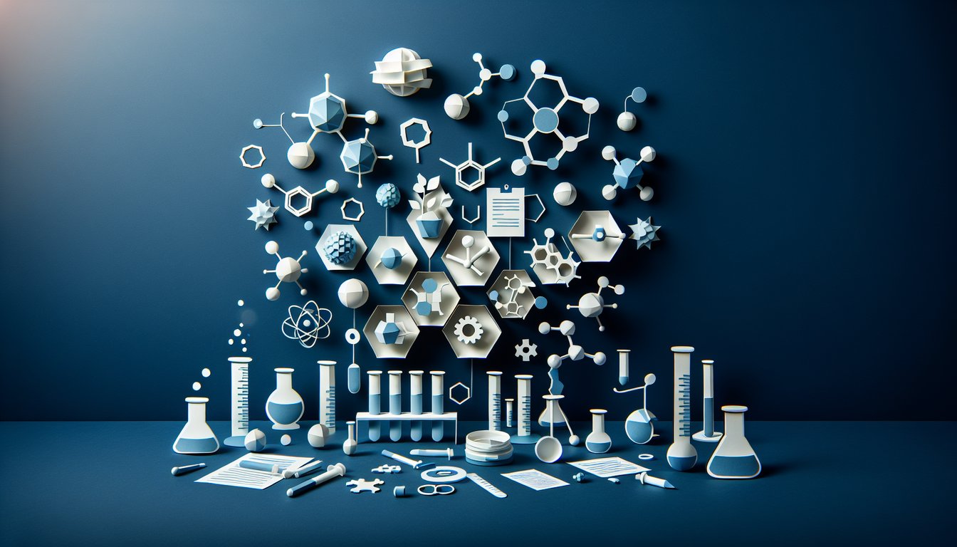 Paper art depicting Organic Chem Blitz, a fast-paced trivia quiz for high school and early college students.
